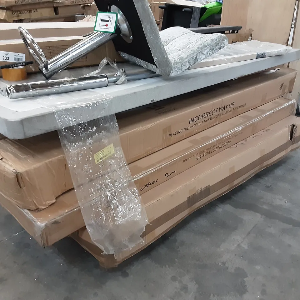 PALLET OF ASSORTED BOXED FURNITURE INCLUDING,  DINING TABLE , BAR STOOL , 150CM BED , HEADBOARD AND FURNITURE PARTS 