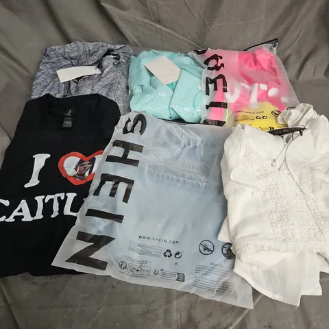 BOX OF APPROXIMATELY 20 ASSORTED CLOTHING ITEMS TO INCLUDE - TOPS - DRESS - TROUSERS - ETC