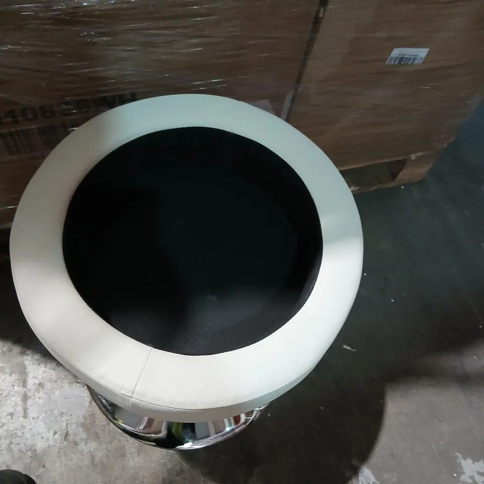 ROUND WHITE FAUX LEATHER OTTOMAN WITH CHROME PEDESTAL