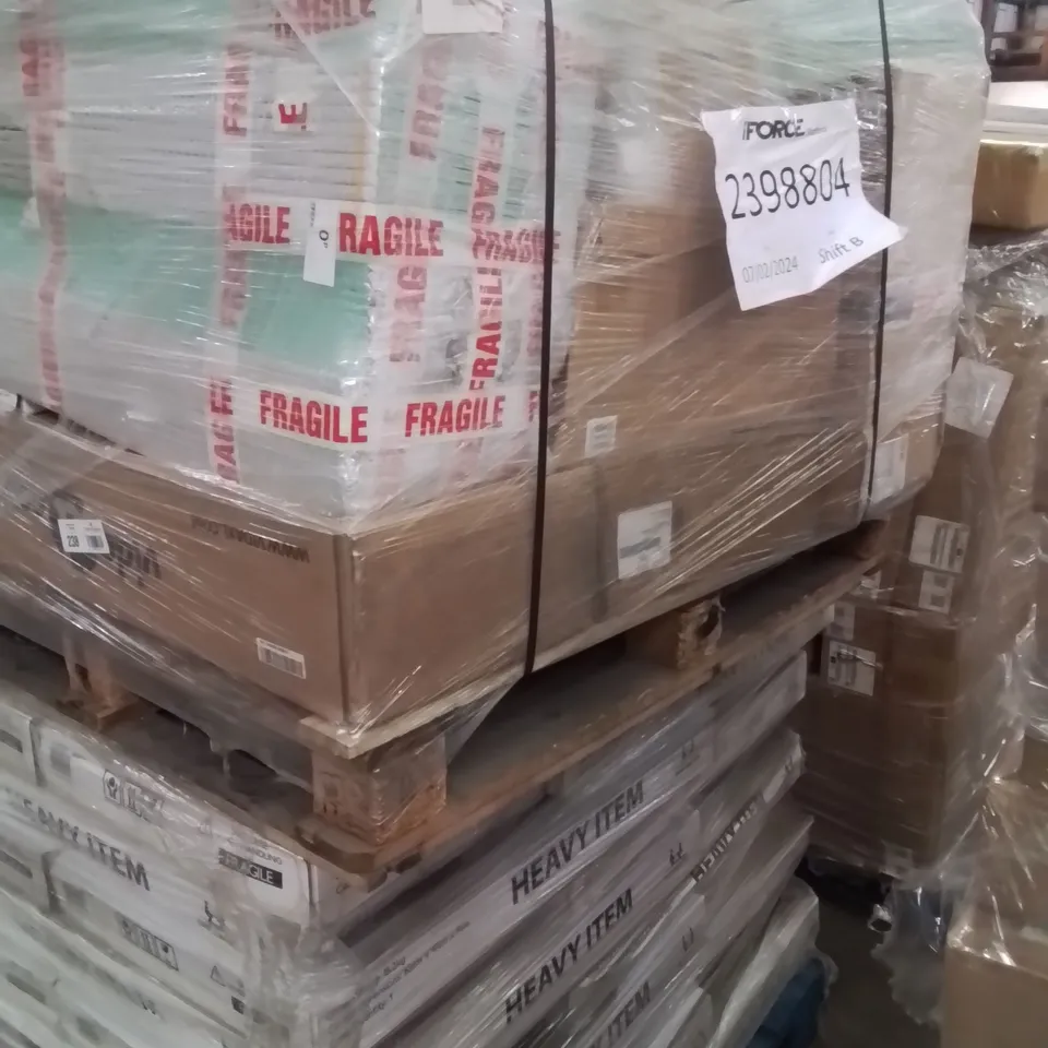 MIXED PALLET OF VARIOUS HOUSEHOLD ITEMS TO INCLUDE: TOILET SEATS, SEVERAL GLASS TV STANDS, FOAM TILES ECT.