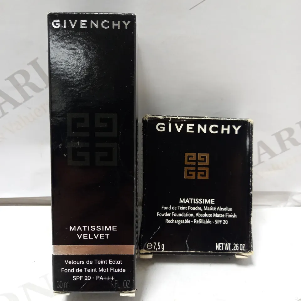 LOT OF 2 GIVENCHY PRODUCTS TO INCLUDE MATISSIME VELVET RADIANT MAT FLUID FOUNDATION 30ML - 03 MAT SAND & MATISSIME POWDER FOUNDATION REFILL - 19 MAT BRONZE 