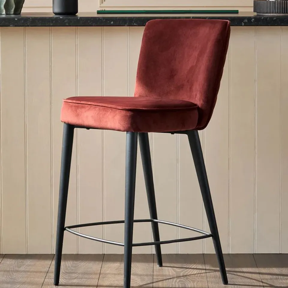 BOXED DANETTI SERENA BLACK METAL BAR STOOL - RUST PLUSH VELVET 