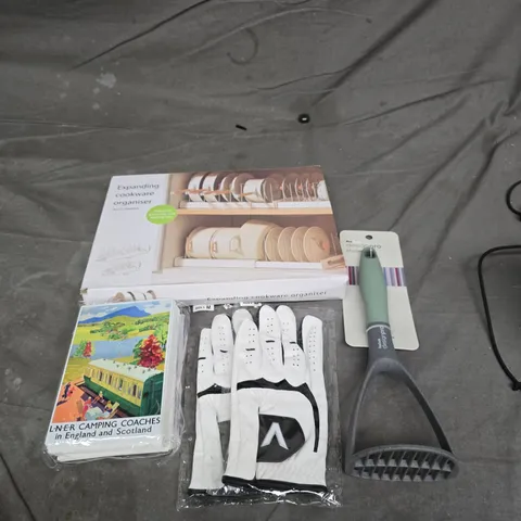 BOX OF APPROXIMATELY 15 ASSORTED HOUSEHOLD ITEMS TO INCLUDE COOKWARE ORGANISER, POTATO MASHER AND GLOVES
