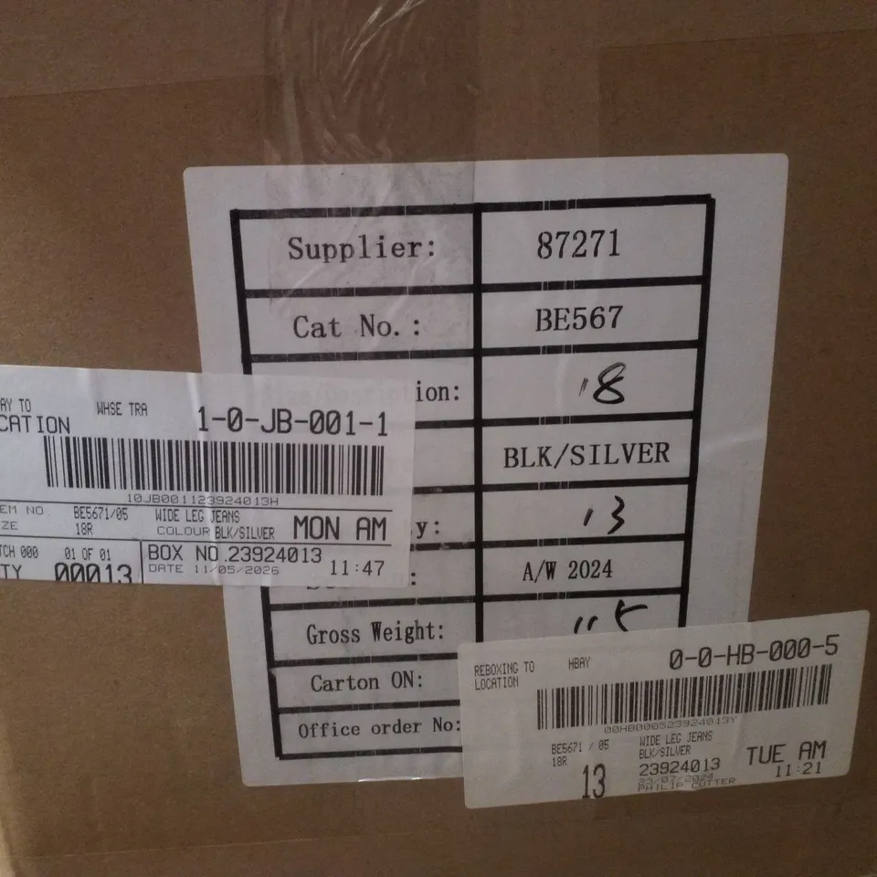 BOX CONTAINING APPROXIMATELY 13 BRAND NEW SIMPLY BE SILVER METALLIC COATED WIDE LEG JEANS - SIZE 18R