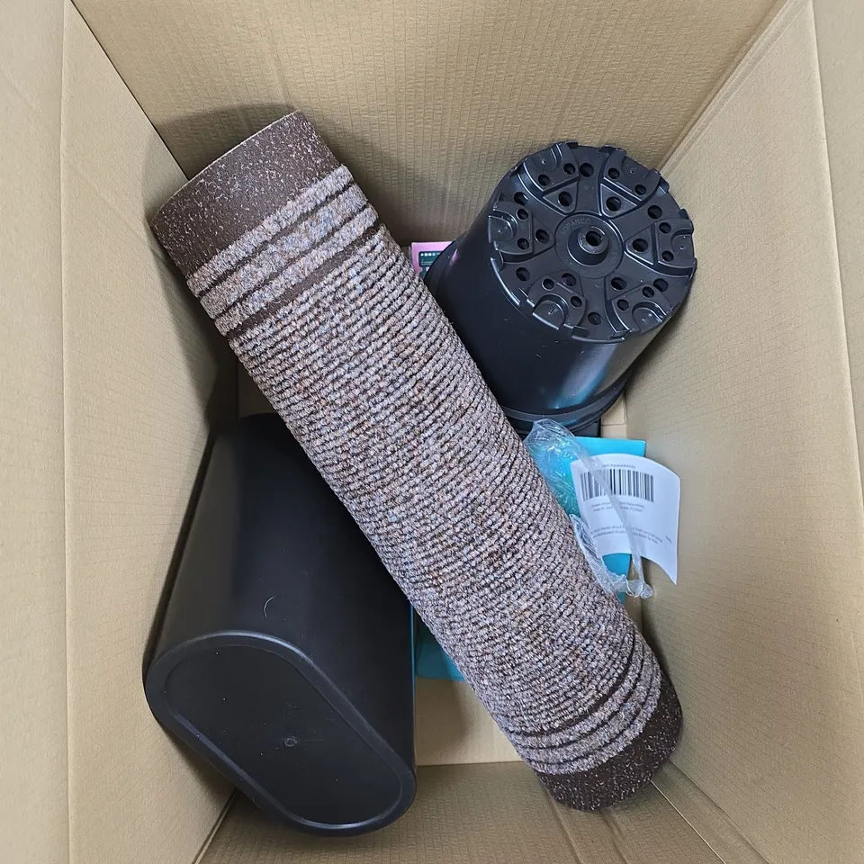 APPROXIMATELY 10 MIXED ITEMS INCLUDING:MARBLE LOOK BIN, CARPET ROLL AND PACK OF DOORMATS