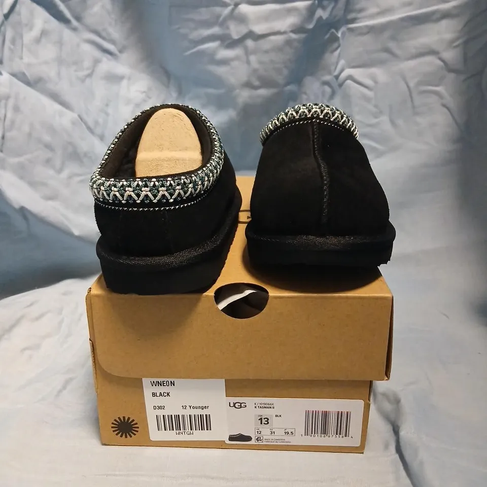 UGG TASMAN SLIPPERS – BLACK SUEDE WITH SILVER CHAIN TRIM, UK KIDS 12