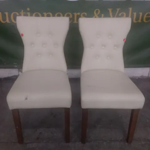 SET OF 2 NEW BEWLEY IVORY LEATHER BUTTON BACK DINING CHAIRS (DARK OAK LEG)
