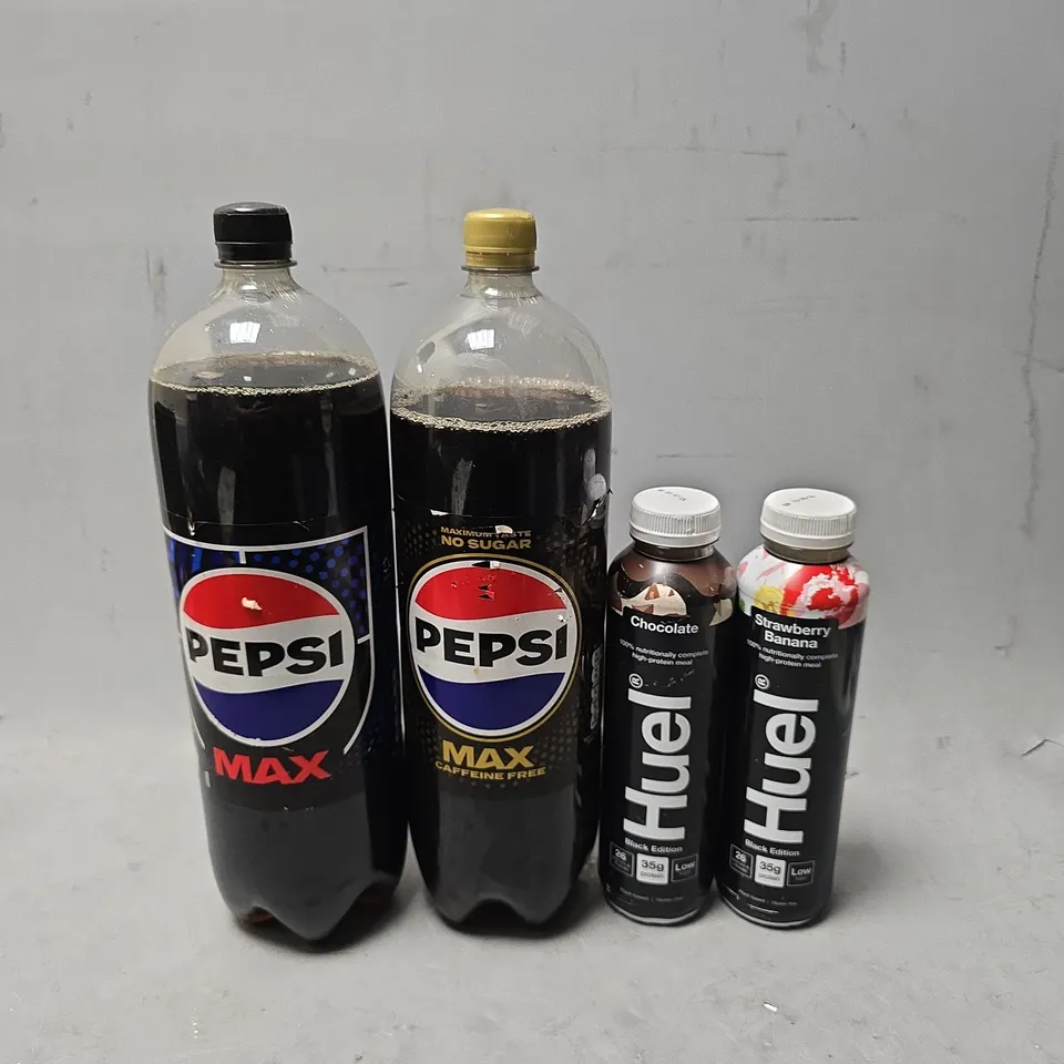 APPROXIMATELY 5 ASSORTED FOOD & DRINK ITEMS TO INCLUDE - PEPSI MAX , PEPSI MAX CAFFEINE , HUEL CHOCOLATEN ETC