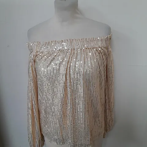 BOOHOO TALL SEQUIN BARDOT LONG SLEEVED TOP GOLD SIZE 16