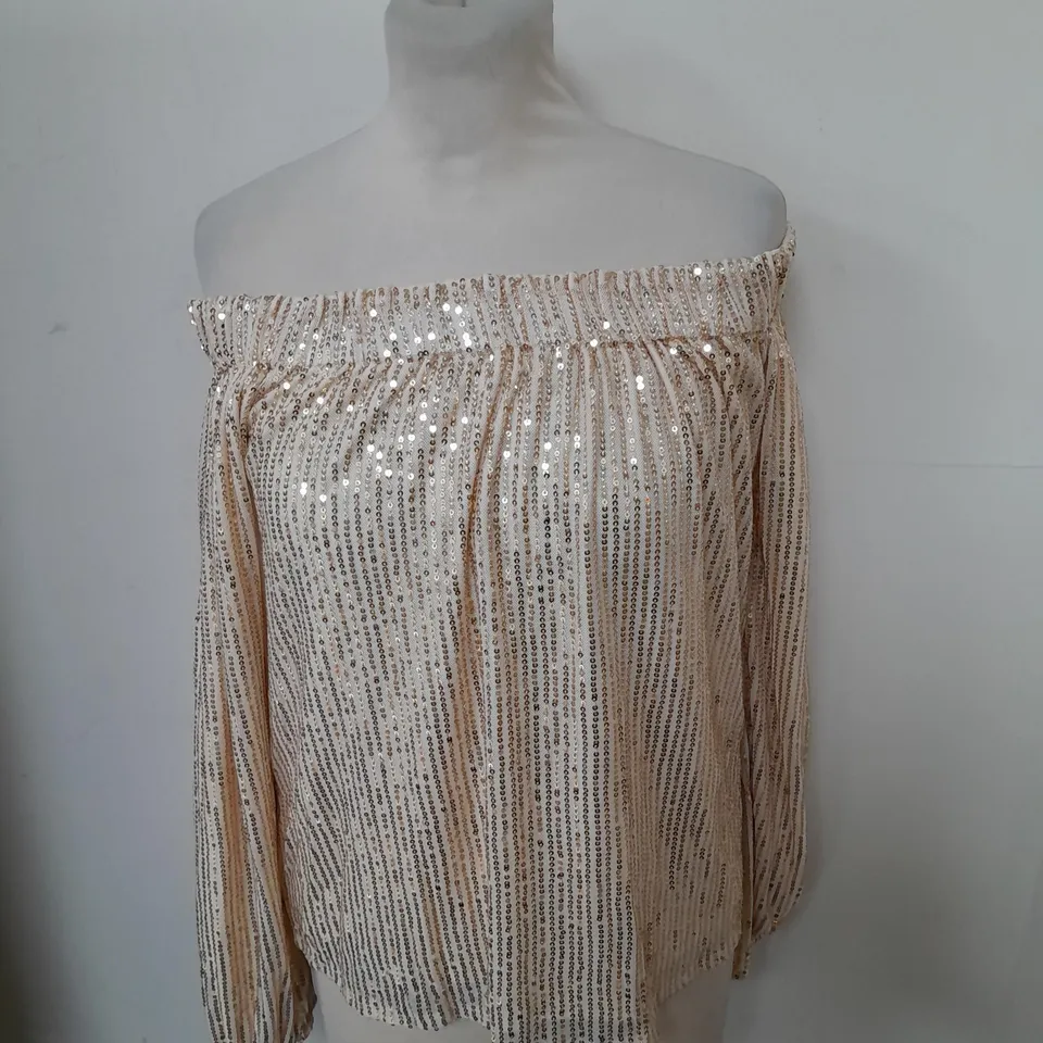 BOOHOO TALL SEQUIN BARDOT LONG SLEEVED TOP GOLD SIZE 16
