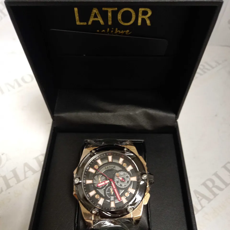 LATOR CALIBRE BLACK DIAL LEATHER STRAP WRISTWATCH RRP £635
