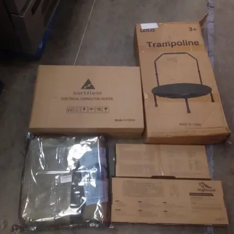 PALLET OF ASSORTED ITEMS INCLUDING LBLA TRAMPOLINE, SORTFIELD ELECTRICAL CONVECTOR HEATER, THERMAL & SOUND CAR INSULATION, KEYBOARDS, NEWENTOR MATTRESS TOPPER, HIGH DENSITY FOAM