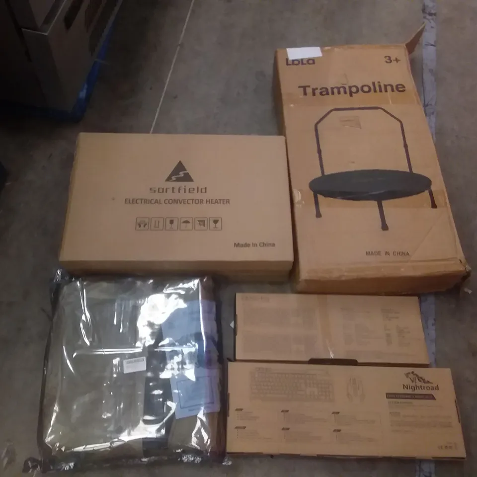 PALLET OF ASSORTED ITEMS INCLUDING LBLA TRAMPOLINE, SORTFIELD ELECTRICAL CONVECTOR HEATER, THERMAL & SOUND CAR INSULATION, KEYBOARDS, NEWENTOR MATTRESS TOPPER, HIGH DENSITY FOAM 