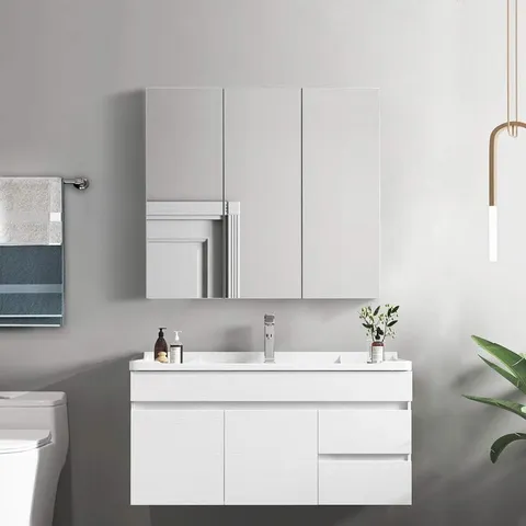 BOXED TUKALAI WHITE BATHROOM MIRROR CABINET WITH OPEN STORAGE 3 DOORS WALL MOUNTED CABINET WITH ADJUSTABLE SHELVES (1 BOX)