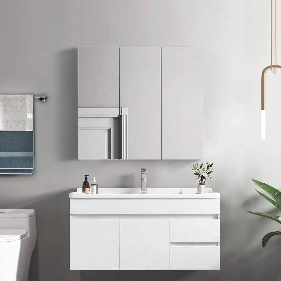 BOXED TUKALAI WHITE BATHROOM MIRROR CABINET WITH OPEN STORAGE 3 DOORS WALL MOUNTED CABINET WITH ADJUSTABLE SHELVES (1 BOX)