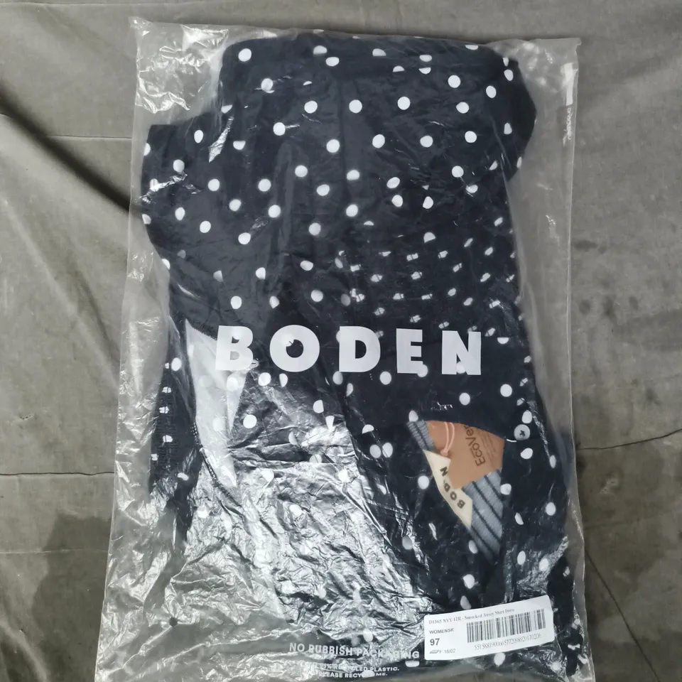 BAGGED BODEN SMOCKED JERSEY SHIRT DRESS IN NAVY SIZE 12R
