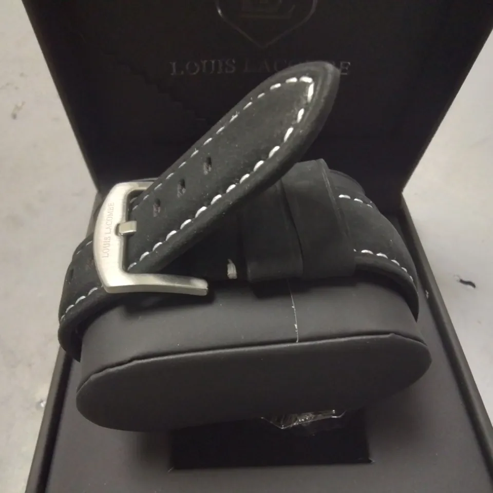 LOUIS LACOMBE GENTS STAINLESS STEEL CHRONOGRAPH WATCH WITH BLACK STRAP IN GIFT BOX