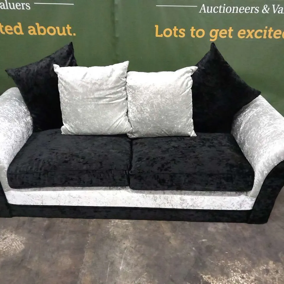 DESIGNER BLACK AND SILVER CRUSHED VELVET THREE SEATER SOFA