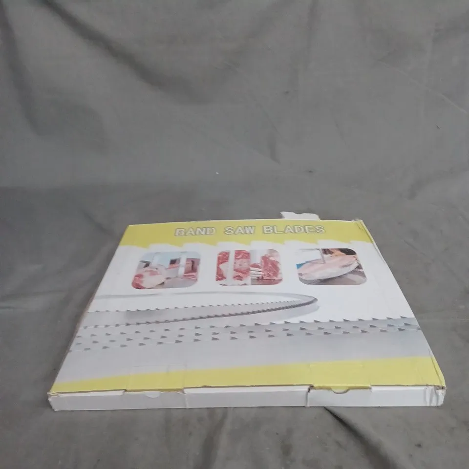 BOX OF APPROXIMATELY 20 ASSORTED HOUSEHOLD ITEMS INCLUDING BAND SAW BLADES , VACUUM CLEANER PART AND LAMINATING POUCHES