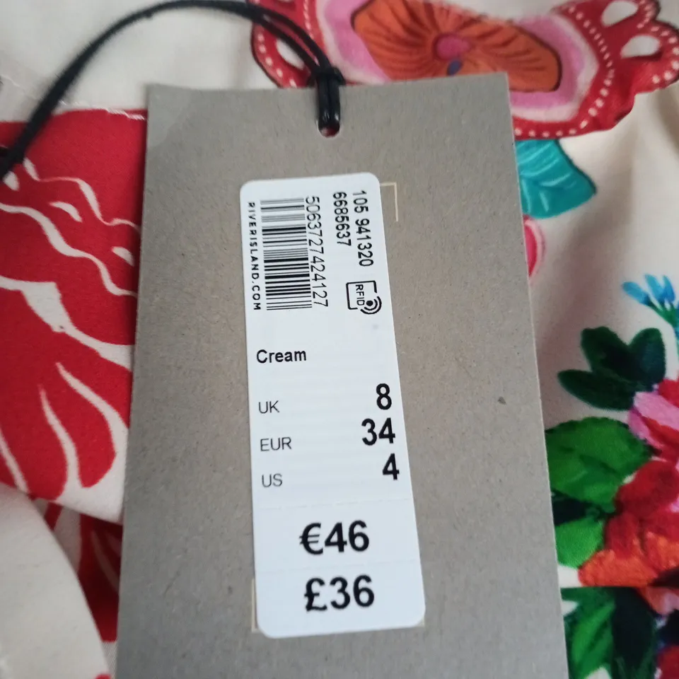 RIVER ISLAND STUDIOS DRESS – SOMEWHERE TO GO – CREAM FLORAL WITH RED LACE TRIM – UK 8