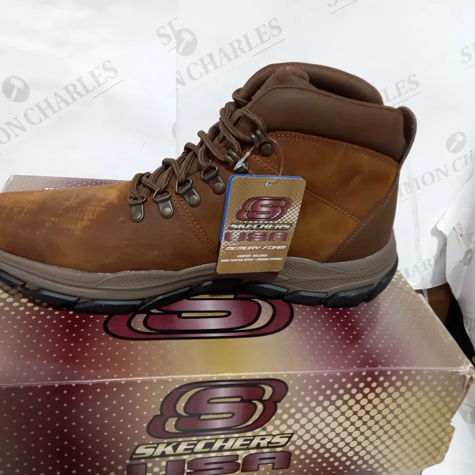 BOXED PAIR OF SKECHERS DARK BROWN MENS BOOTS  - SIZE 12