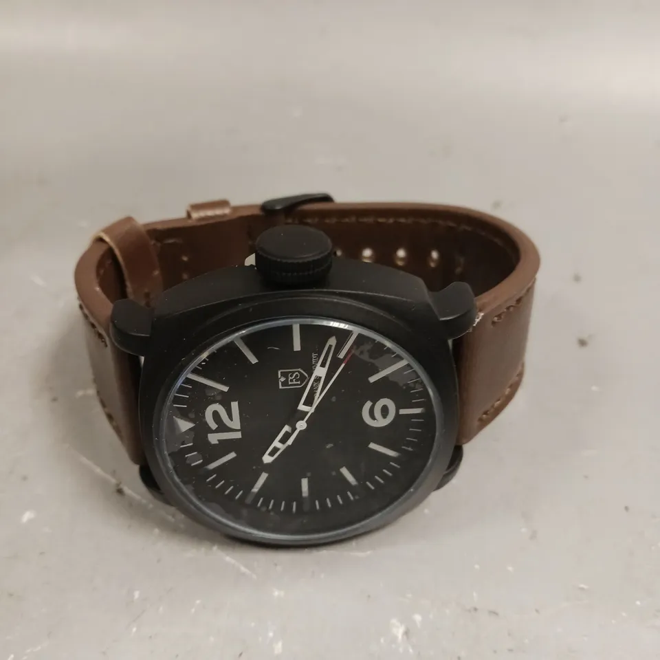MENS FRANK SCHMIDT WATCH – LARGE BLACK CASE – BLACK PILOT DIAL – BROWN STRAP