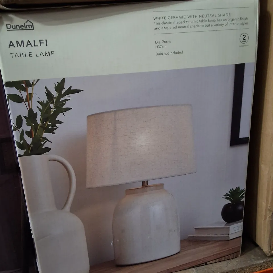 BOXED DUNELM AMALFI TABLE LAMP – WHITE CERAMIC BASE WITH NEUTRAL SHADE