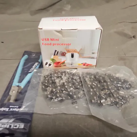 TOTE OF APPROXIMATELY 10 ASSORTED HOUSEHOLD ITEMS TO INCLUDE BIKE CHAINSM USB FOOD PROCESSOR AND JEWELLERS SNIPS