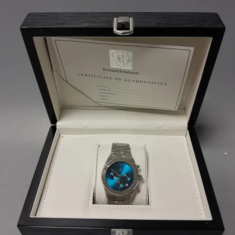 BOXED BERNARD REINHARDT CHRONOGRAPH BLUE DIAL WATCH 