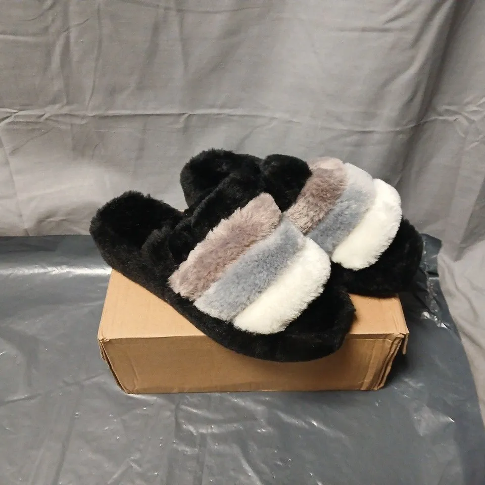WOMEN'S FAUX FUR STRIPED SLIP-ON SLIPPERS – BLACK WITH CREAM, GREY & BROWN STRAPS. SIZE EU36