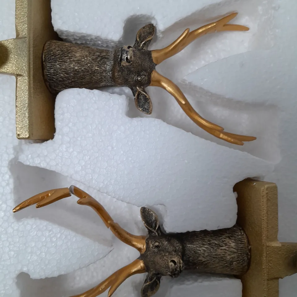 BOXED SET OF TWO ALISON CORK ANIMAL STOCKING HOLDERS - STAG