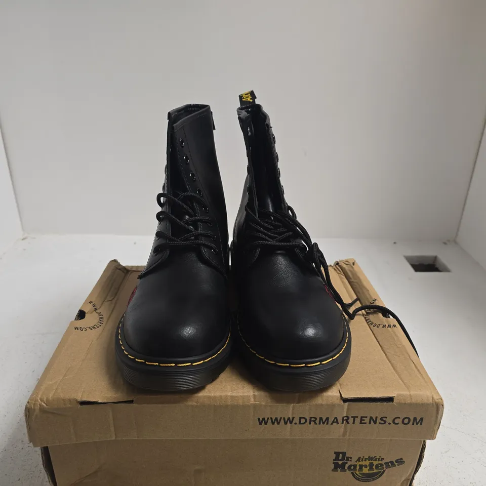 BOXED PAIR OF DR. MARTENS BLACK LEATHER BOOTS WITH RED ROSE EMBROIDERY, UK 7