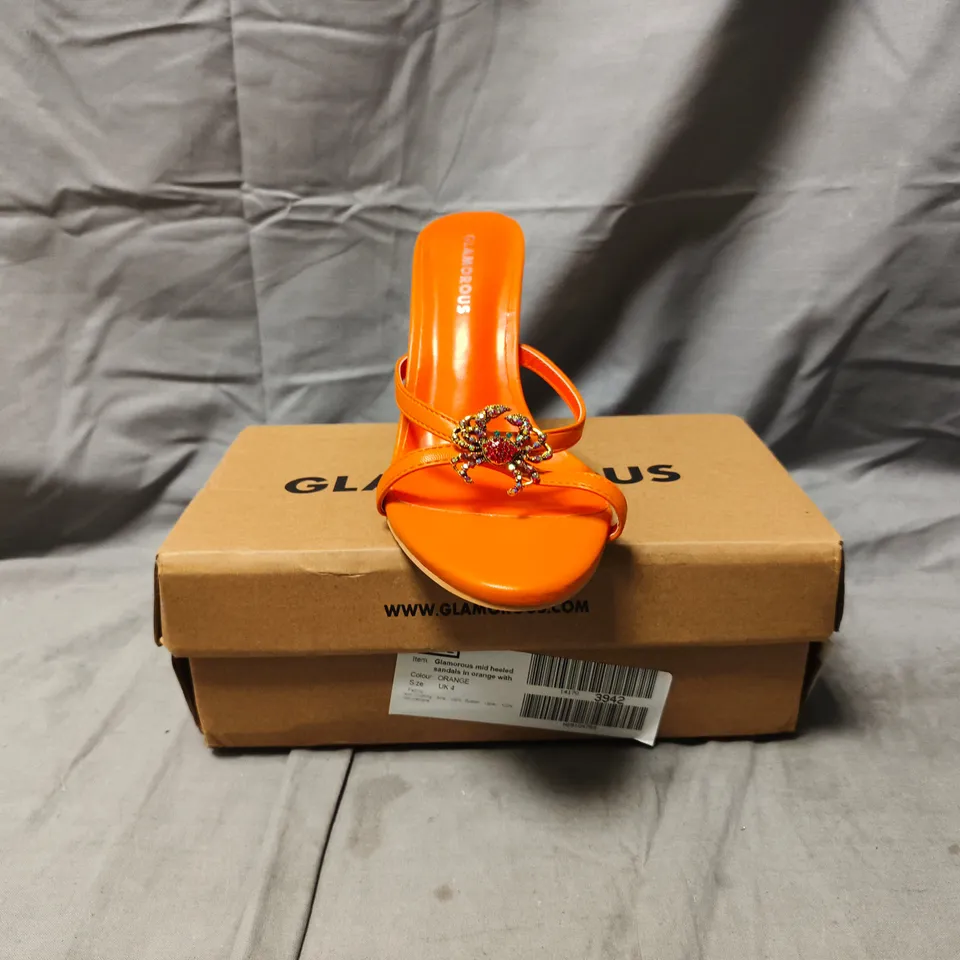 BOXED PAIR OF GLAMOROUS MID HEELED SANDALS IN ORANGE W. JEWEL CRAB DETAIL SIZE UK 4