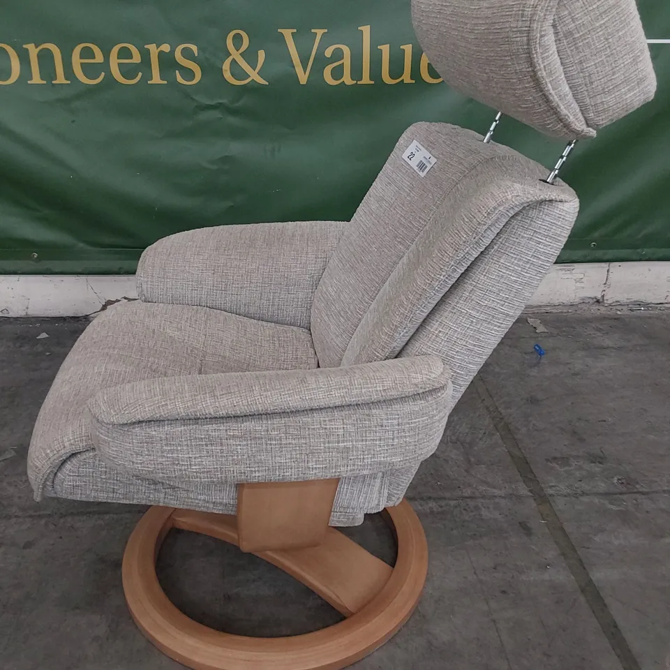 QUALITY BRITISH DESIGNER G PLAN BERGEN CHAIR & FOOTSTOOL FARROW HAZE FABRIC