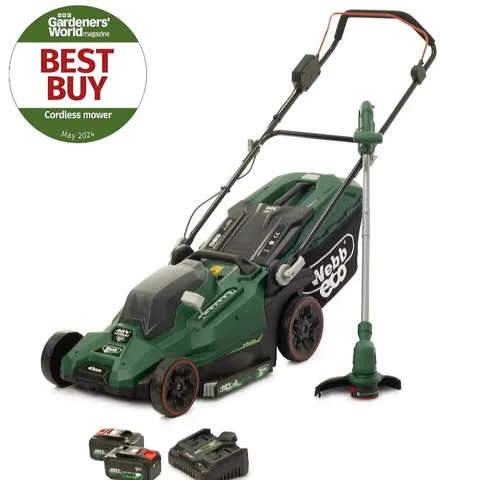 PALLET OF APPROXIMATELY SIX WEBB ECO 40V43CM LAWNMOWER & LINE TRIMMERS