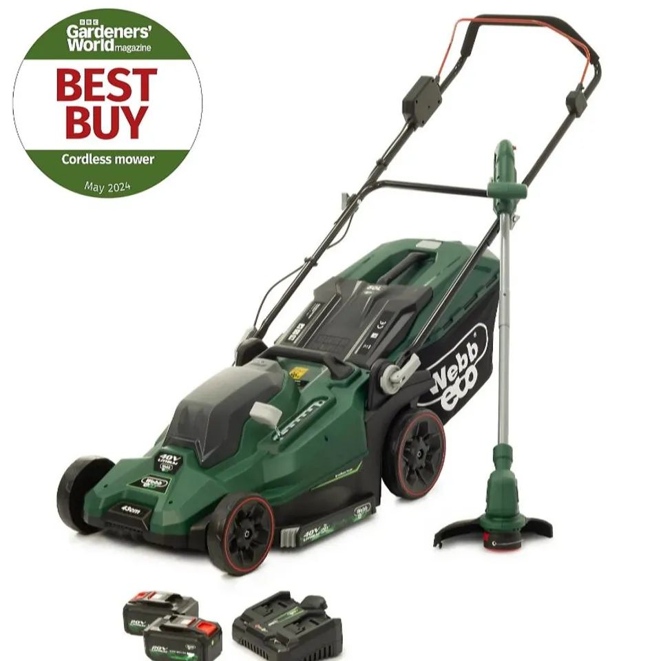 PALLET OF APPROXIMATELY SIX WEBB ECO 40V43CM LAWNMOWER & LINE TRIMMERS
