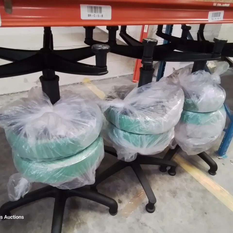 SIX HEIGHT ADJUSTABLE EXAMINATION STOOLS GREEN PU SEAT PADS