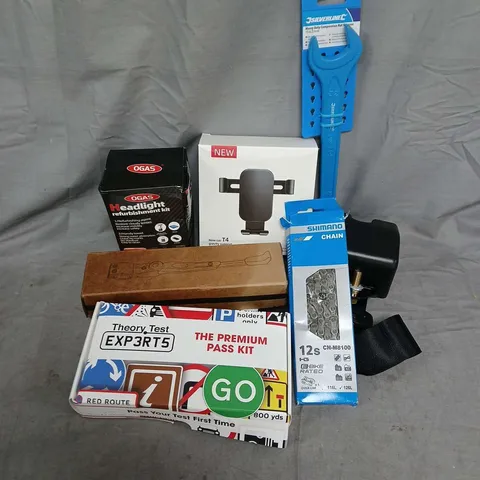 APPROXIMATELY 12 ASSORTED VEHICLE PARTS & ACCESORIES TO INCLUDE HEAVY DUTY COMPRESSION SPANNER, HEADLIGHT REFURBISHMENT KIT, THEORY TEST PASS KIT, ETC