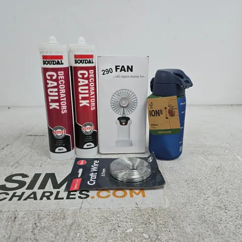 TOTE OF APPROXIMATELY 20 ASSORTED HOUSEHOLD ITEMS TO INCLUDE SOUDAL CAULK, DIGITAL DISPLAY FAN, ION8 WATER BOTTLE ETC