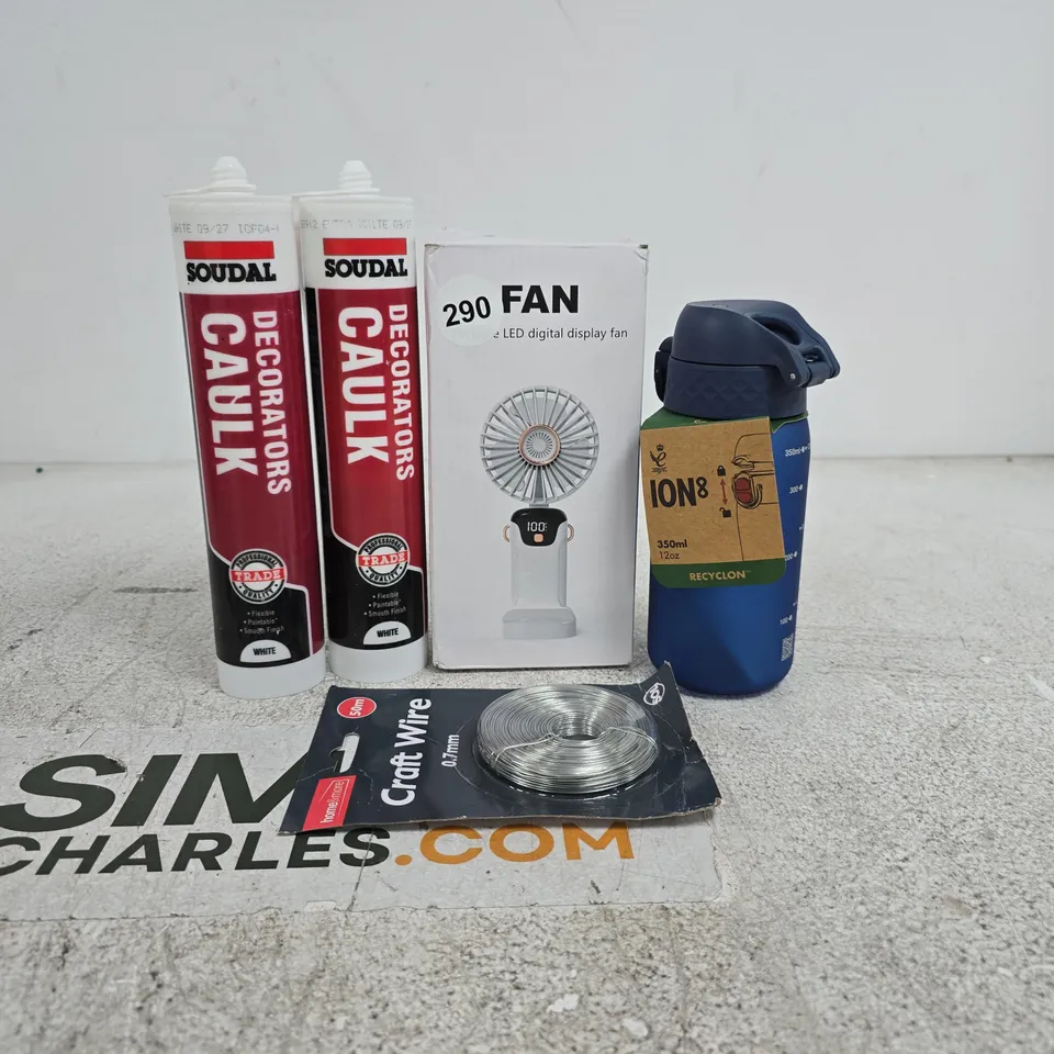 TOTE OF APPROXIMATELY 20 ASSORTED HOUSEHOLD ITEMS TO INCLUDE SOUDAL CAULK, DIGITAL DISPLAY FAN, ION8 WATER BOTTLE ETC
