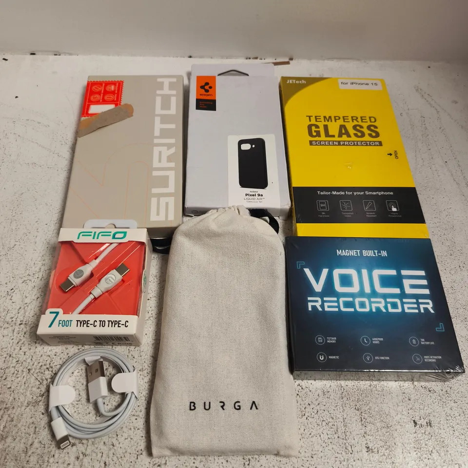 APPROXIMATELY 15 ASSORTED MOBILE PHONE ACCESSORIES TO INCLUDE CHARGE CABLES, BURGA PHONE CASE, VOICE RECORDER, ETC