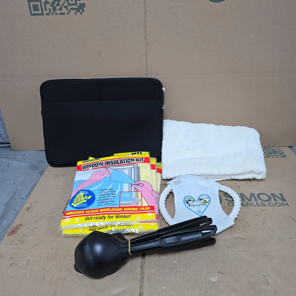 BOX OF APPROXIMATELY 20 ASSORTED ITEMS TO INCLUDE TABLET CARRY CASE, WINDOW INSULATION KITS, WHITE TOWEL SET, DOG TOY, KITCHEN AIDS ETC