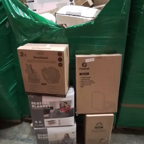 PALLET CONTAINING VARIOUS BOXED HOUSEHOLD ITEMS TO INCLUDE: TRUNKI BOOSTER SEAT PACK, HEATED BLANKETS, BABY'S NAPPIES, TOILET SEATS, PANEL HEATERS AND LOTS MORE UNMARKED BOXED ITEMS.