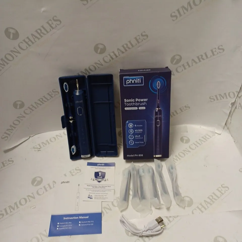 BOXED PHNITI SONIC POWER RECHARGEABLE TOOTHBRUSH WITH CASE, SIX HEADS, USB CABLE AND INSTRUCTIONS