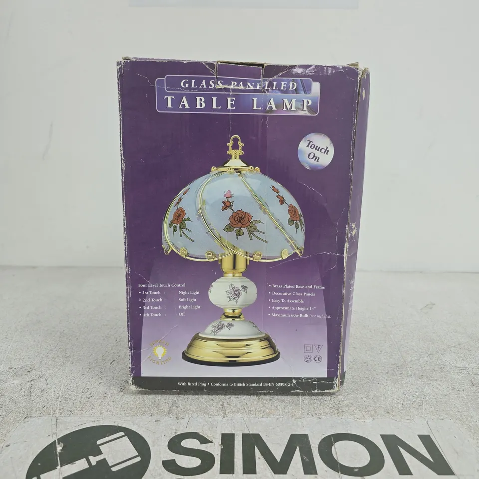 GLASS PANELED TABLE LAMP WITH BRASS FRAME – BOXED