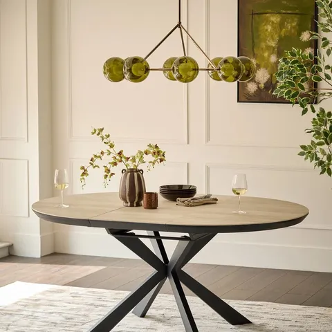 BOXED HAYDEN NATURAL TRAVERTINE CERAMIC 4-6 EXTENDING ROUND DINING TABLE (2 BOXES)
