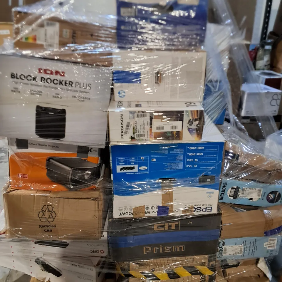 PALLET OF APPROXIMATELY 20 ASSORTED TECH ITEMS TO INCLUDE EPSON PRINTERS,HUAWEI MONITOR AND ION BLOCK ROCKER PLUS