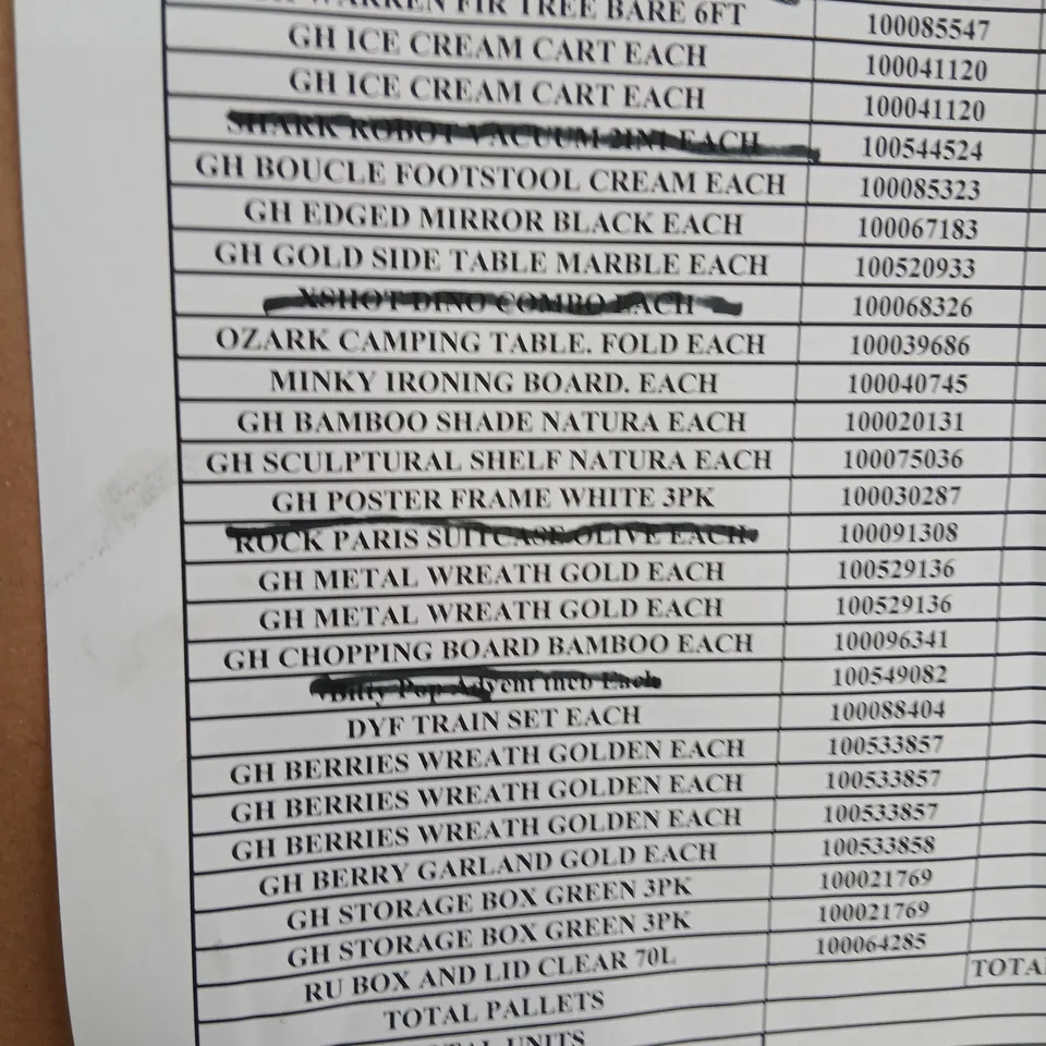 PALLET OF APPROXIMATELY 20 ASSORTED PRODUCTS TO INCLUDE; ICE CREAM CART, ARCH MIRROR, BOUCLE FOOTSTOOL, METAL WREATH, STORAGE BOX AND CHOPPING BOARD BAMBOO