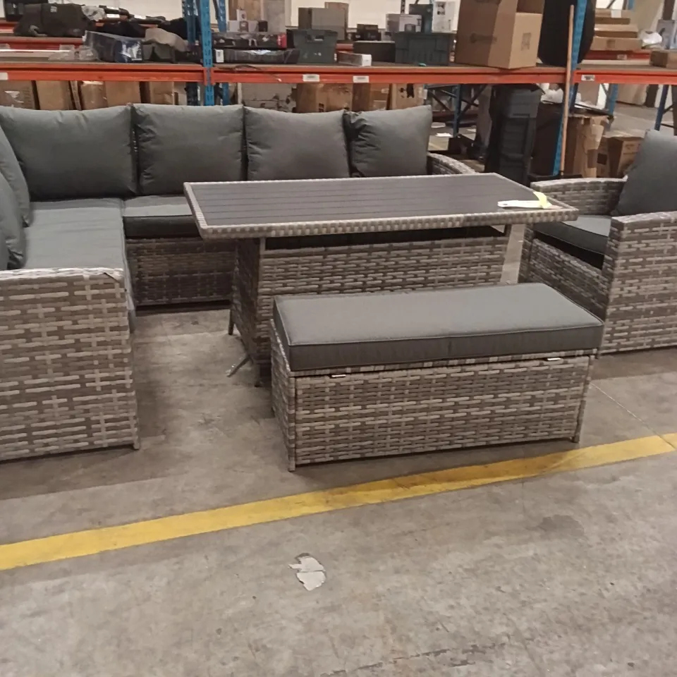 ROSEN 9 SEATER ALUMINIUM DINING TABLE TOP WITH STORAGE BENCH AND ARMCHAIR - GREY ( TABLE LEANS ) 