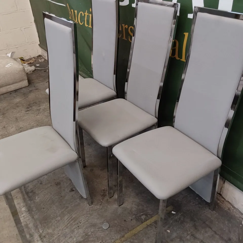 SET OF FOUR UPHOLSTERED HIGH BACK DINING CHAIRS GREY PU, CHROME FRAMES